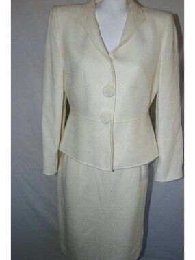 Vintage Tahari Womens Pencil Skirt Blazer Set Cream Textured Petite Size 10P